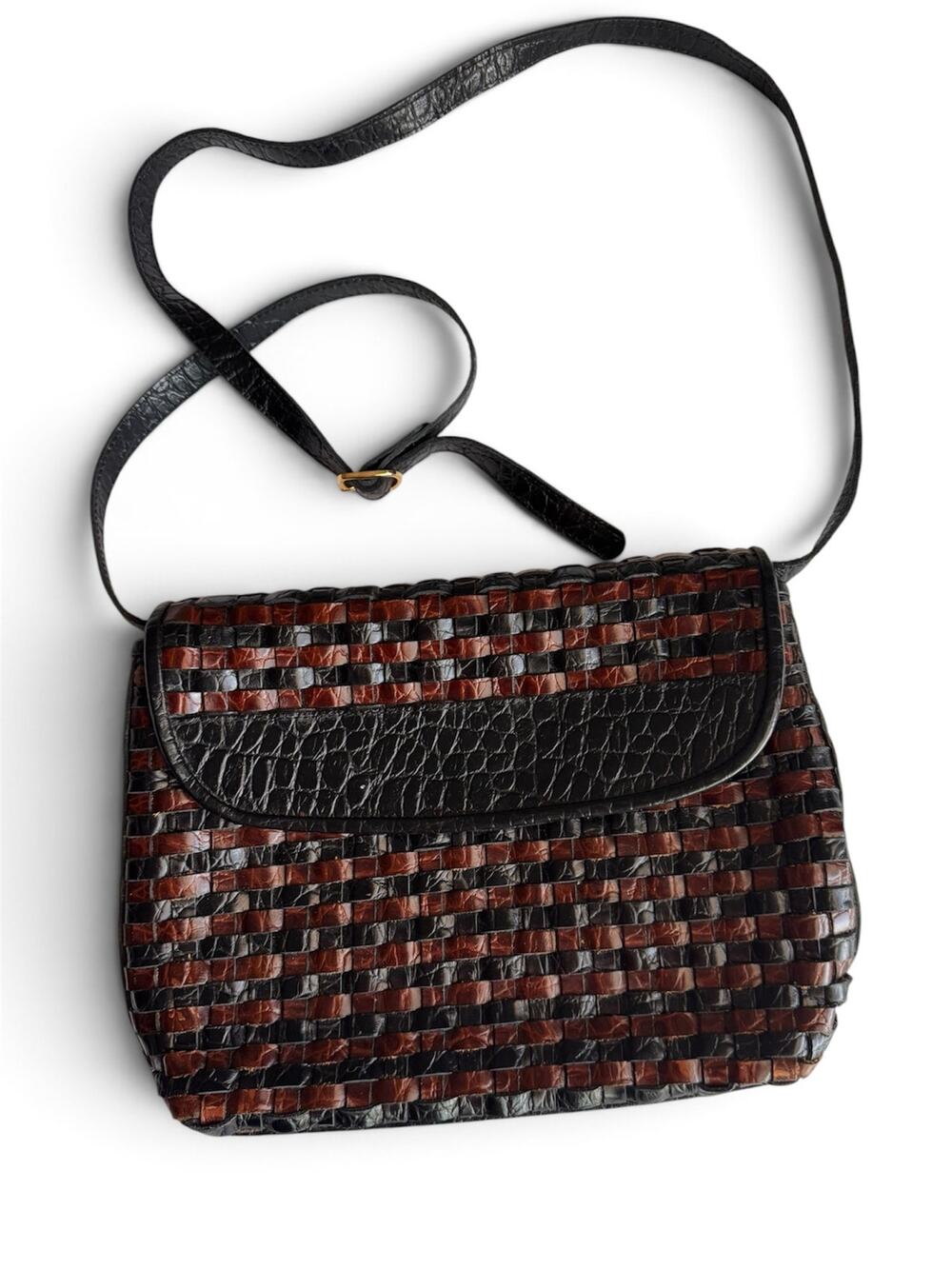 Vintage 80s Cee Klein Woven Leather Crossbody Bag Croc Embossed Purse Brasil